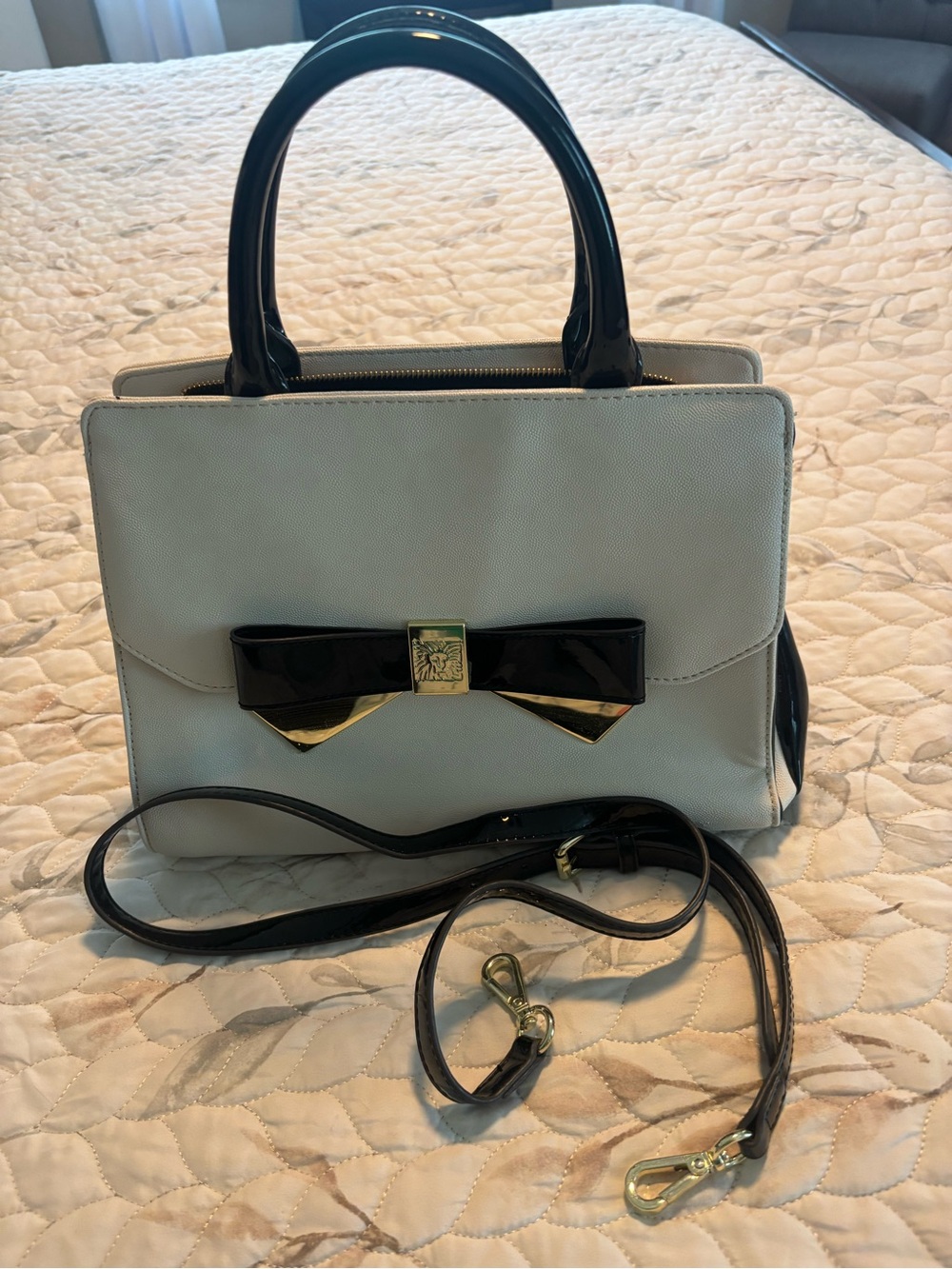 Anne Klein Cream Satchel with Black Patent Bow and Handles
